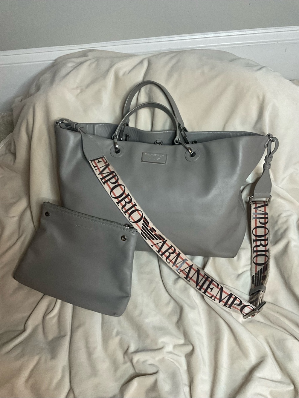 Emporio Armani Gray Leather Tote with Logo Strap